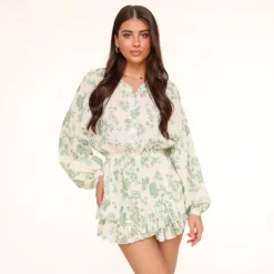 Olivia & Kate Army Green Flower Printed-Playsuit Fashion