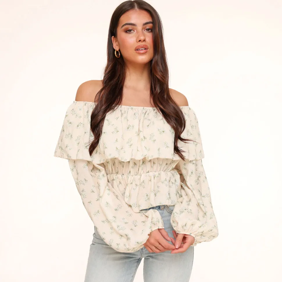 Olivia & Kate Army Green Flowers Off Shoulder -Top Store