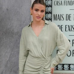 Olivia & Kate Army Green Linen Draped-Dress Best