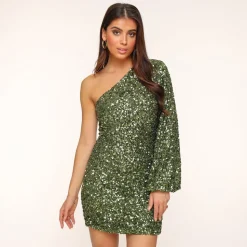 Olivia & Kate Army Green Sequins One Ballon Sleeve-Dress Shop