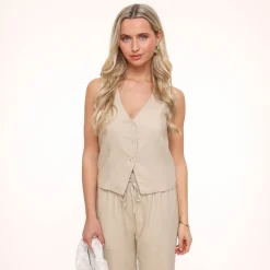 Olivia & Kate Beige Low V-Neck Linen-Gilet Cheap