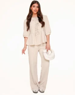 Olivia & Kate Beige Short Bow Ties Puff Sleeves Pleated-Set Sale