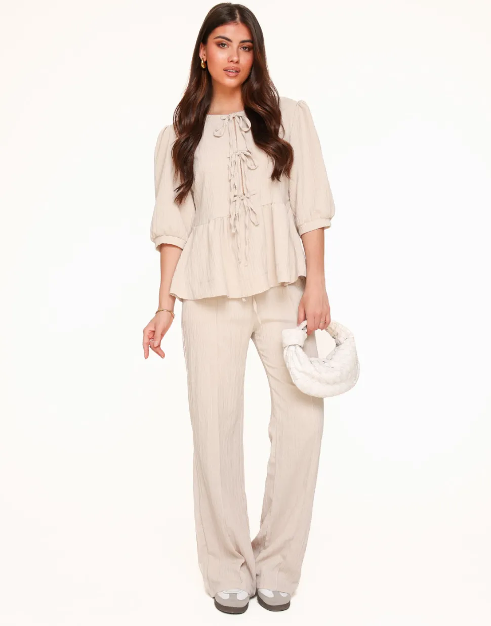 Olivia & Kate Beige Short Bow Ties Puff Sleeves Pleated-Set Sale