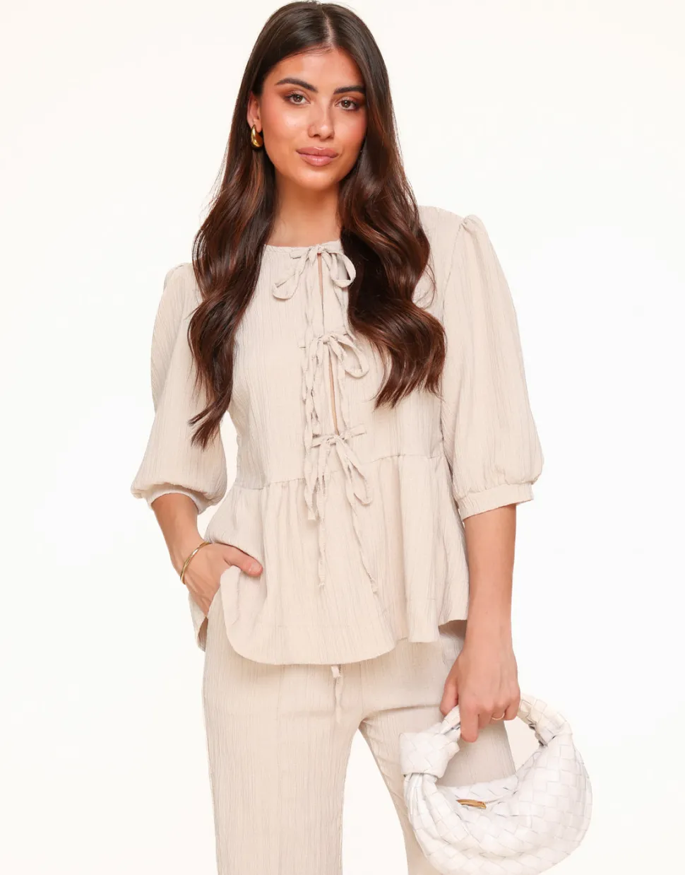 Olivia & Kate Beige Short Bow Ties Puff Sleeves Pleated-Set Sale