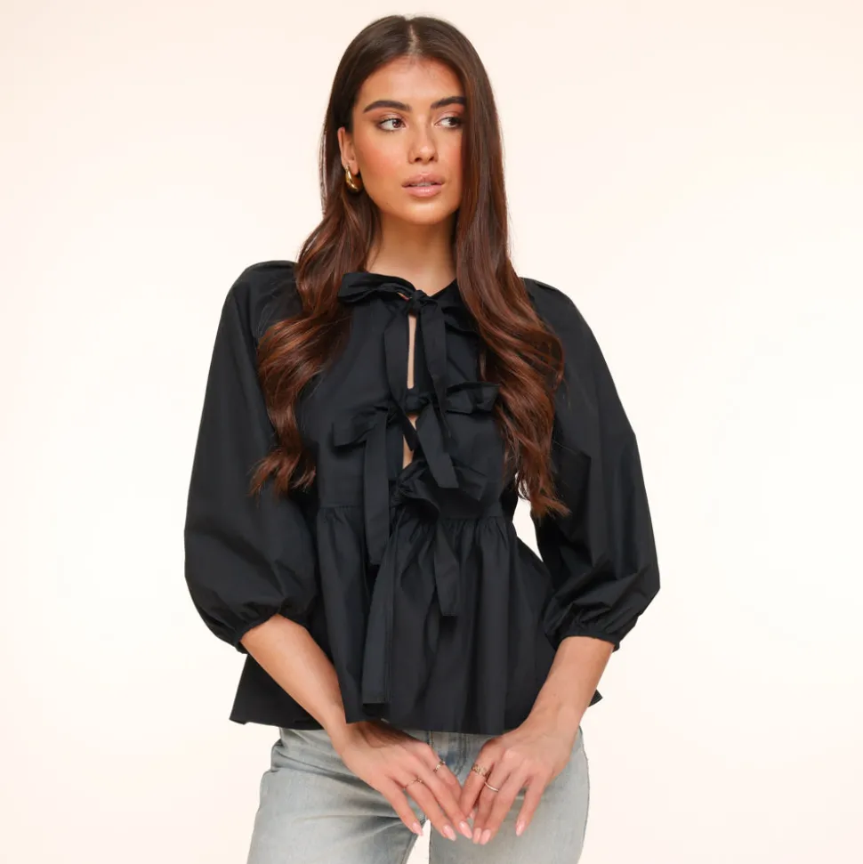 Olivia & Kate Black Bow Ties 3/4 Sleeves-Blouse Store