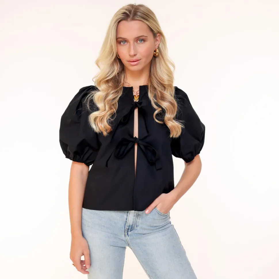 Olivia & Kate Black Bow Ties Short Puf Sleeves-Top Store