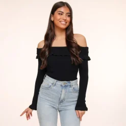 Olivia & Kate Black Elastic Ruffel Off Shoulder-Top Best Sale