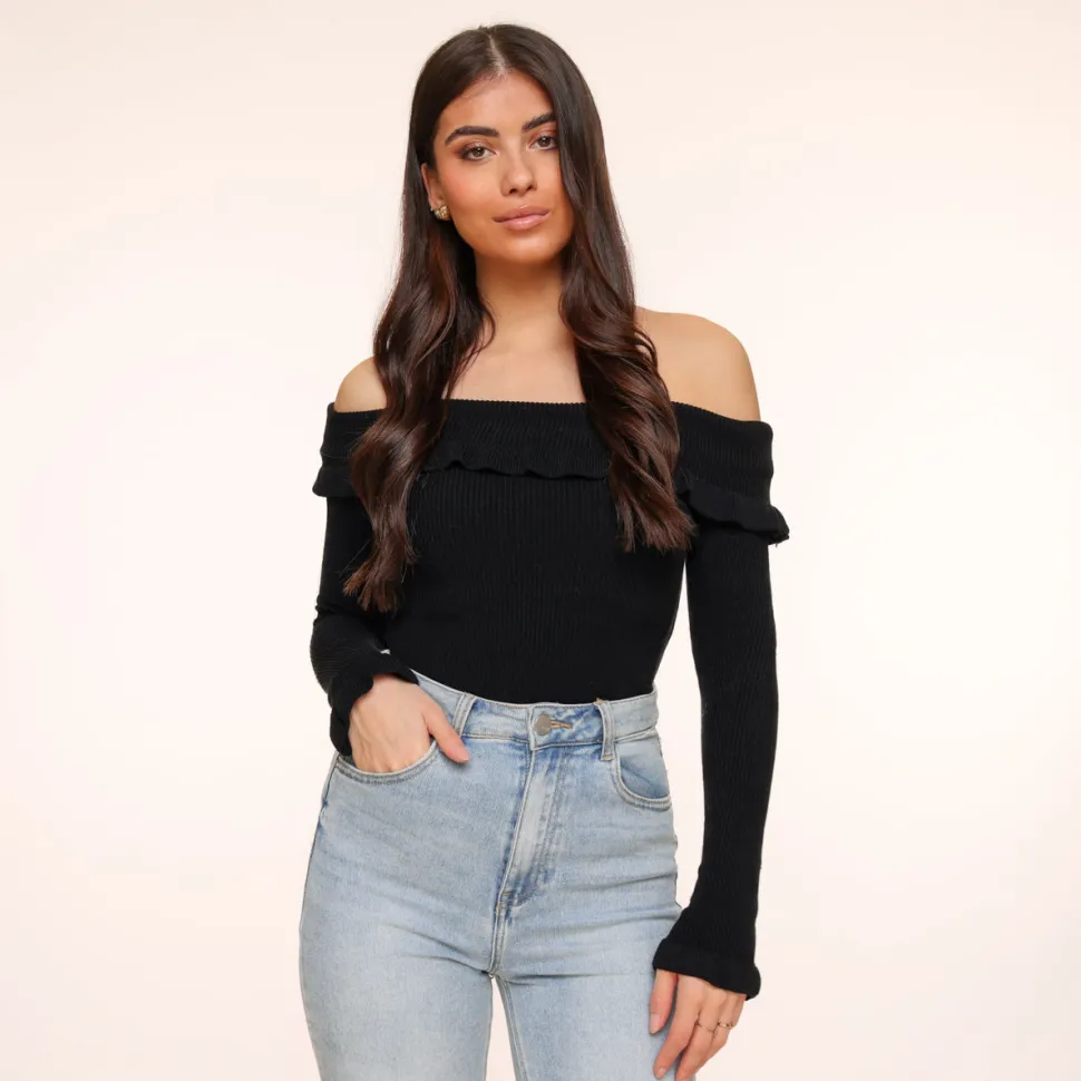 Olivia & Kate Black Elastic Ruffel Off Shoulder-Top Best Sale