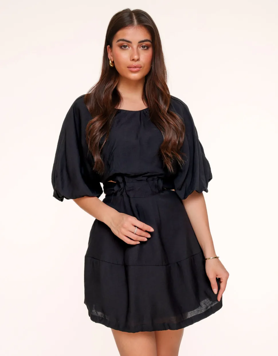 Olivia & Kate Black Short Puff Sleeves Tie Back-Dress Sale