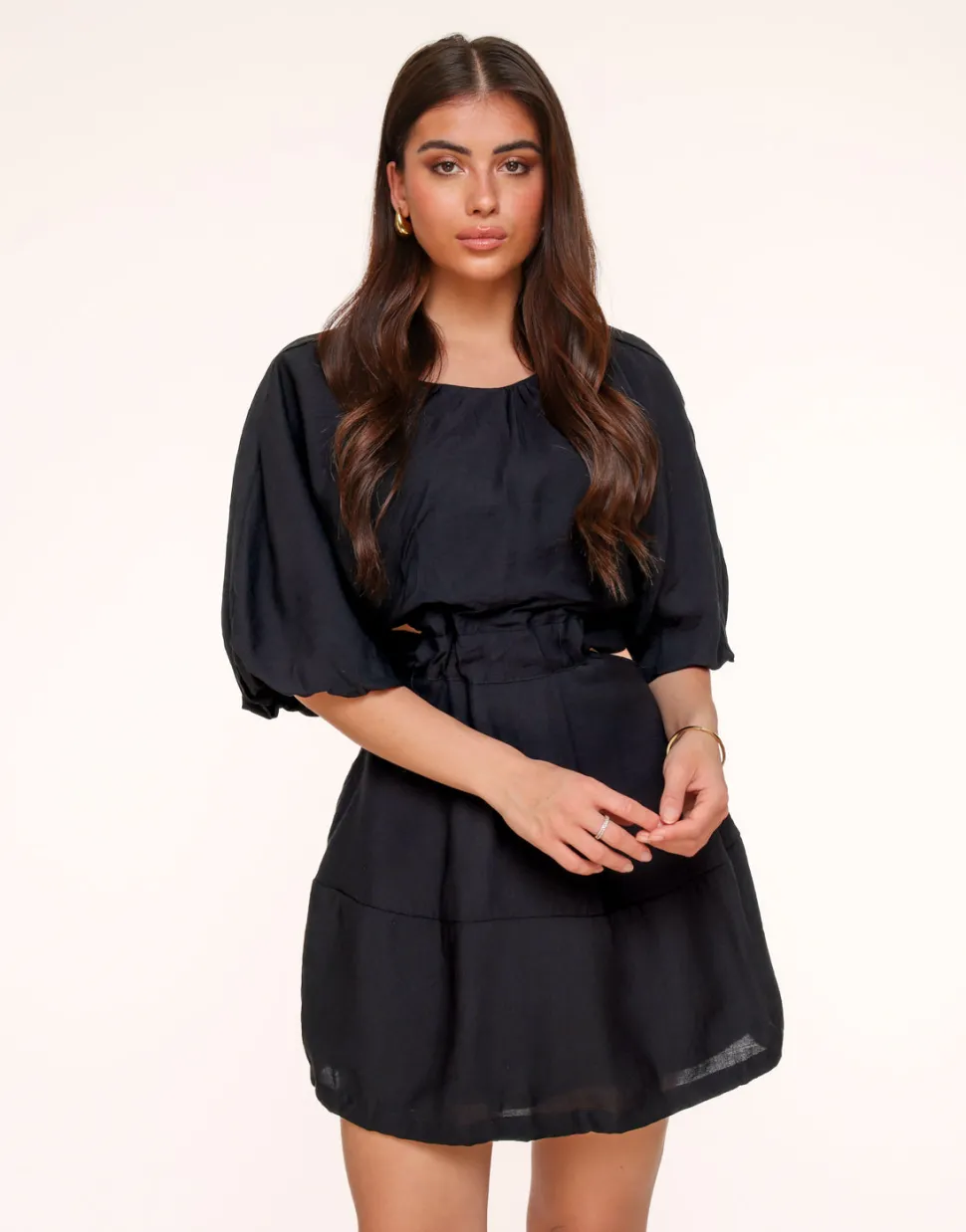 Olivia & Kate Black Short Puff Sleeves Tie Back-Dress Sale