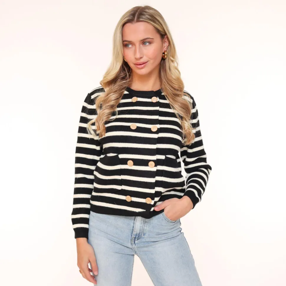 Olivia & Kate Black Striped Golden Buttons-Cardigan Flash Sale