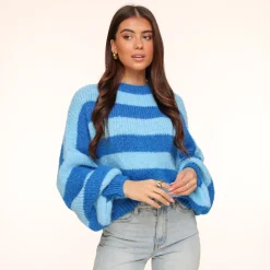 Olivia & Kate Blue Striped Knitted Ls-Sweater Flash Sale