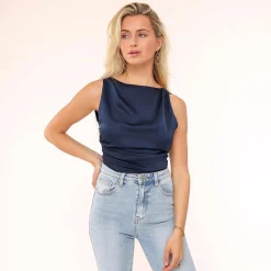 Olivia & Kate Dark Blue Satin Open Back-Top Cheap