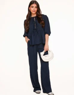 Olivia & Kate Dark Blue Short Bow Ties Puff Sleeves Pleated-Set Cheap