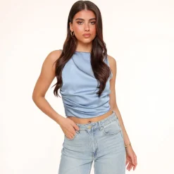 Olivia & Kate Jeans Blue Satin Open Back-Tops Flash Sale
