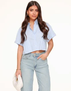 Olivia & Kate Light Blue Striped Cropped Ss-Blouse Sale