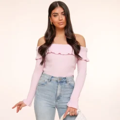 Olivia & Kate Light Pink Elastic Ruffel Off Shoulder-Top Best