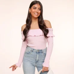 Olivia & Kate Light Pink Elastic Ruffel Off Shoulder-Top Best