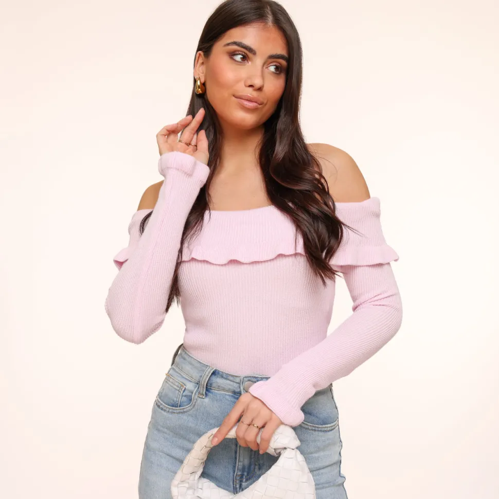 Olivia & Kate Light Pink Elastic Ruffel Off Shoulder-Top Best