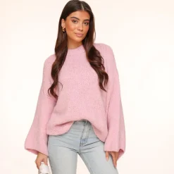Olivia & Kate Light Pink Wool Knitted Wide Sleeves-Sweater Online