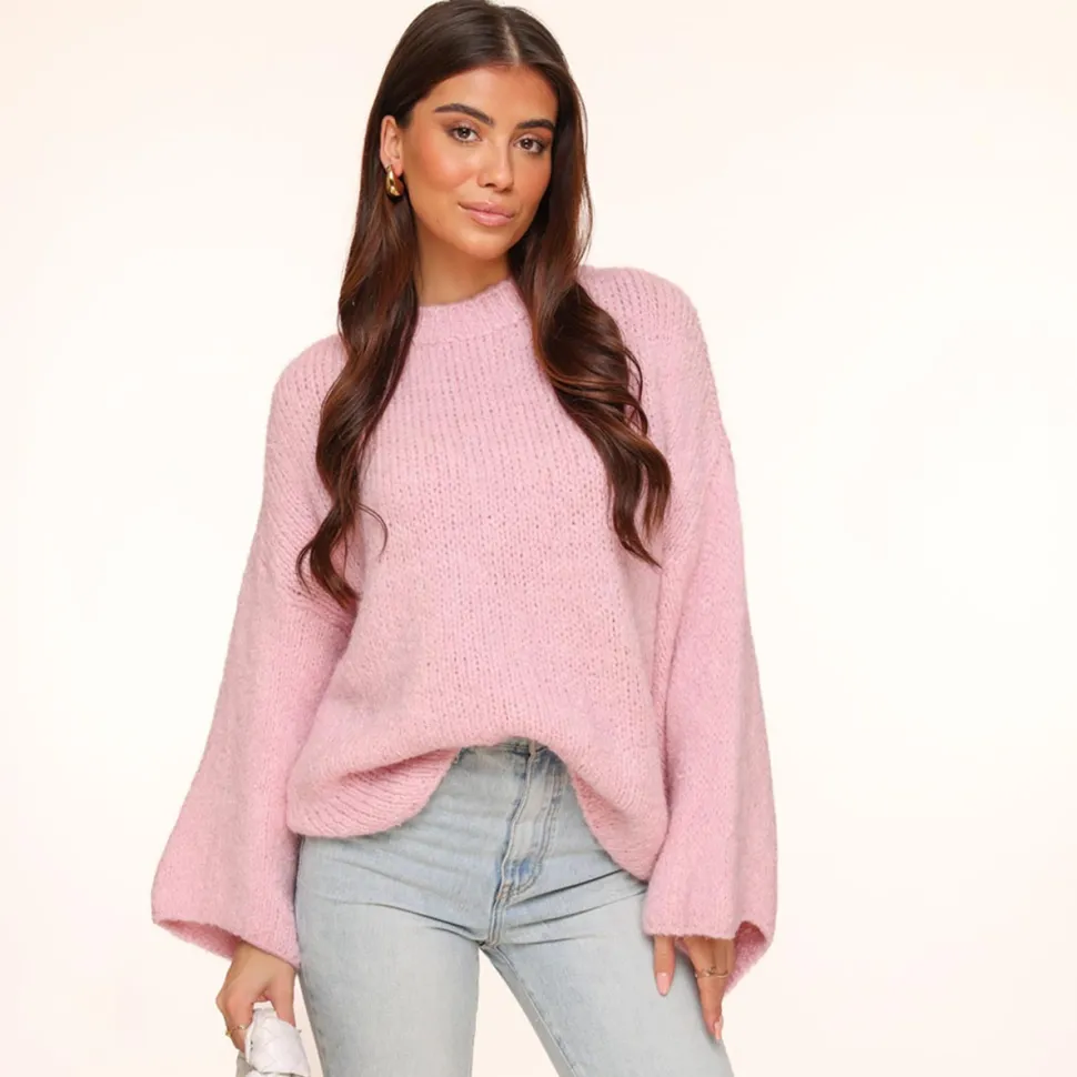 Olivia & Kate Light Pink Wool Knitted Wide Sleeves-Sweater Online