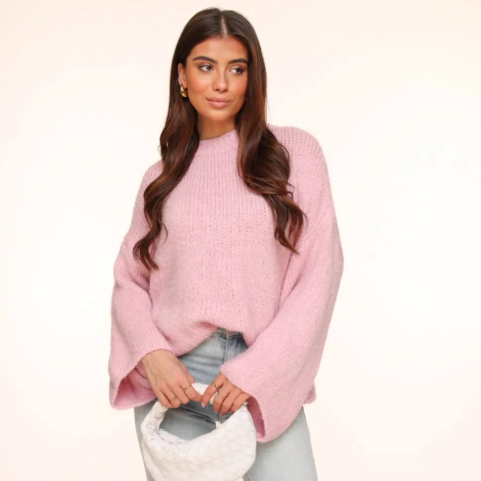 Olivia & Kate Light Pink Wool Knitted Wide Sleeves-Sweater Online