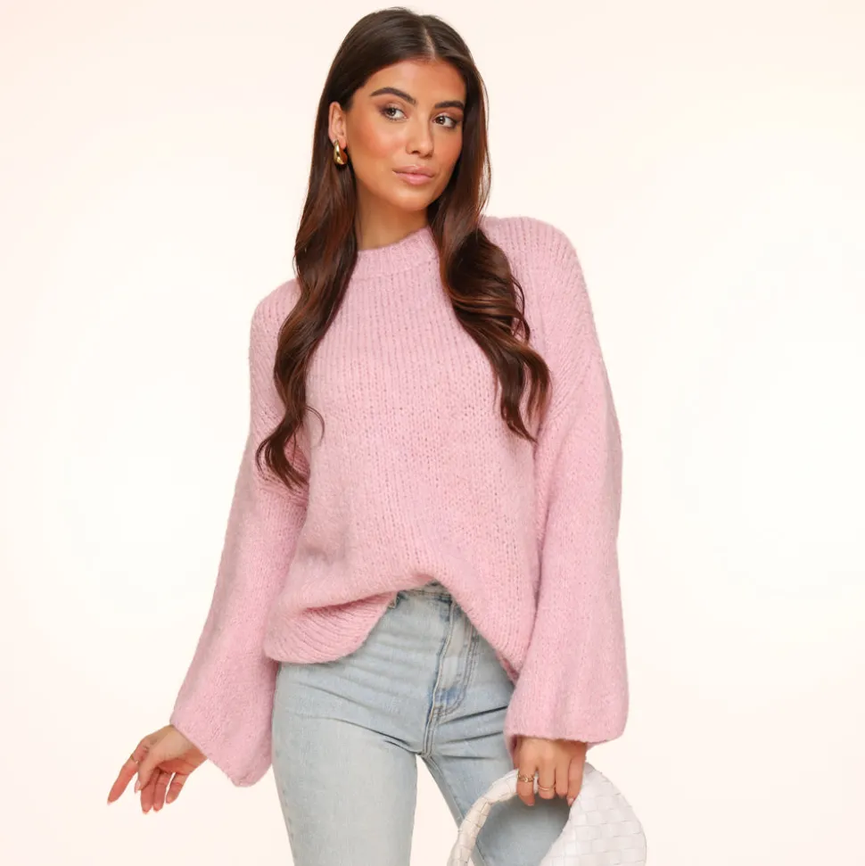 Olivia & Kate Light Pink Wool Knitted Wide Sleeves-Sweater Online
