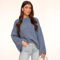 Olivia & Kate Navy Wool Knitted Wide Sleeves-Sweater Outlet