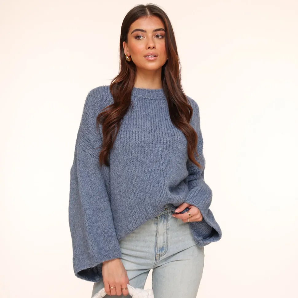 Olivia & Kate Navy Wool Knitted Wide Sleeves-Sweater Outlet