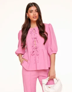 Olivia & Kate Pink Short Bow Ties Puff Sleeve Pleated-Set Store