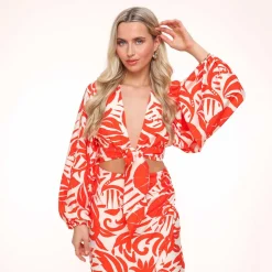 Olivia & Kate Red Pattern Tie Balloon Sleeves-Top Discount