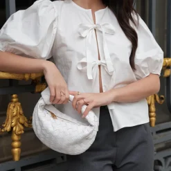 Olivia & Kate White Bow Ties Short Puf Sleeves-Top Fashion