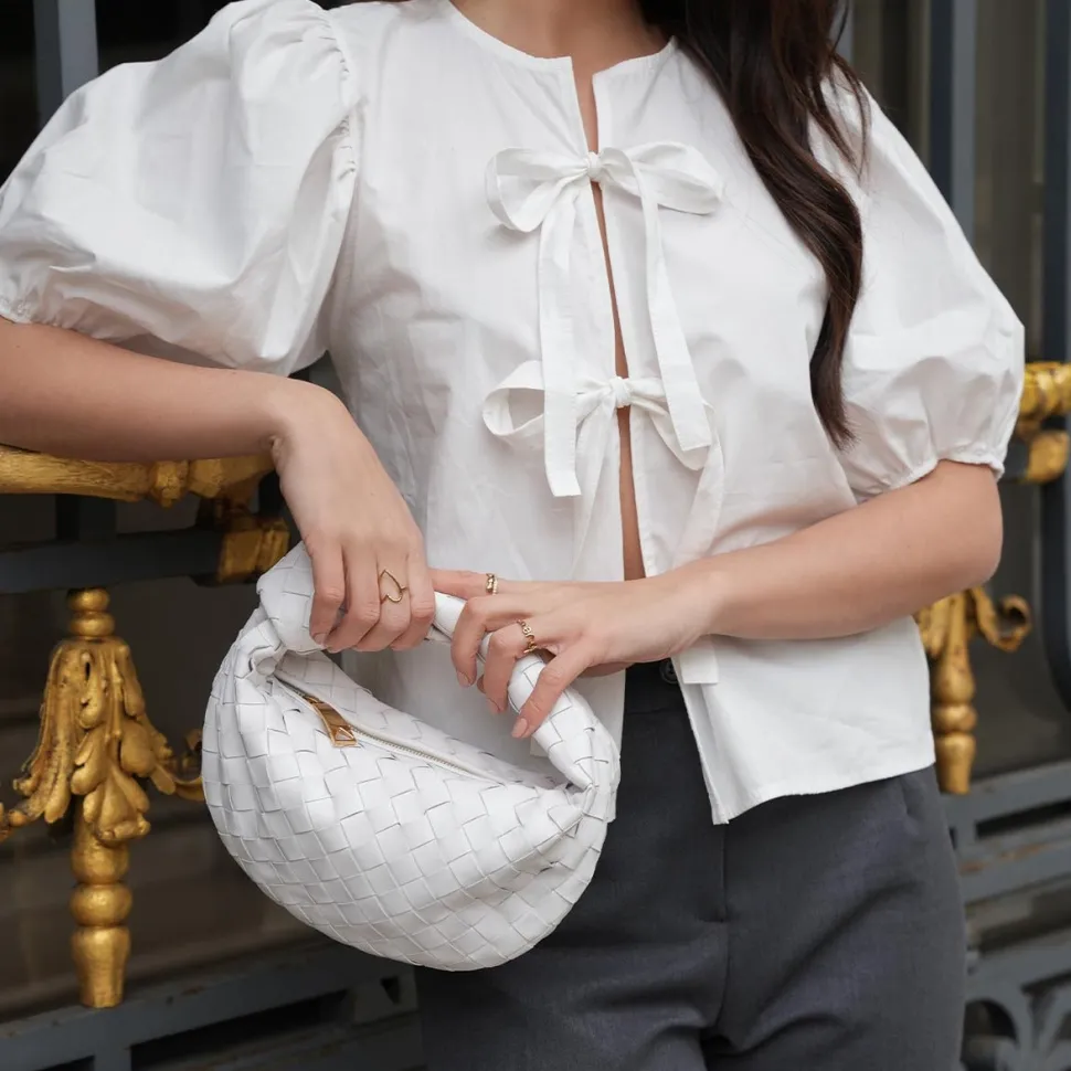 Olivia & Kate White Bow Ties Short Puf Sleeves-Top Fashion
