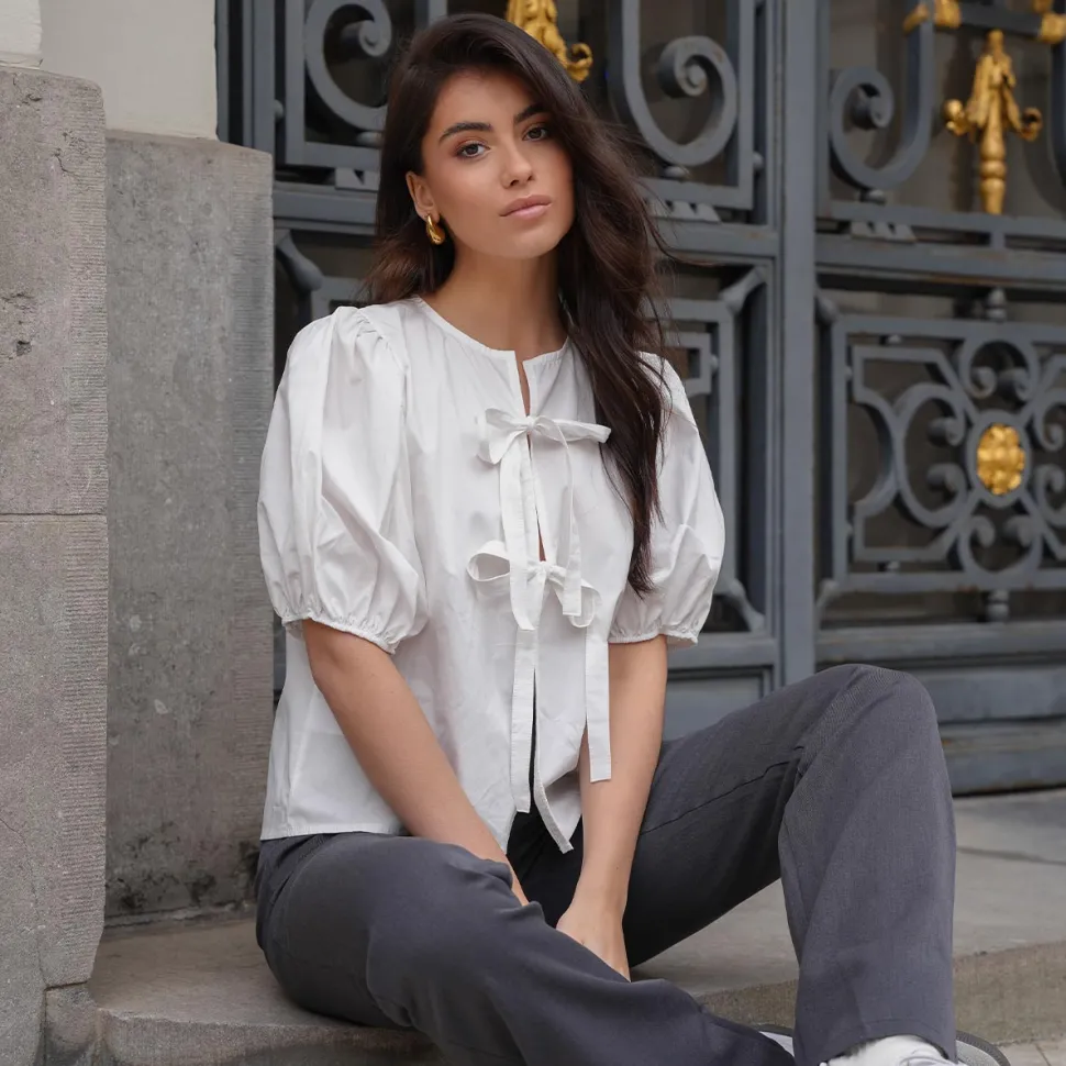 Olivia & Kate White Bow Ties Short Puf Sleeves-Top Fashion