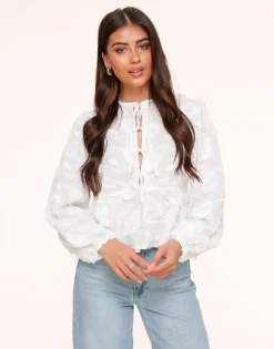 Olivia & Kate White Flowers Long Sleeves Bow Ties-Blouse Discount