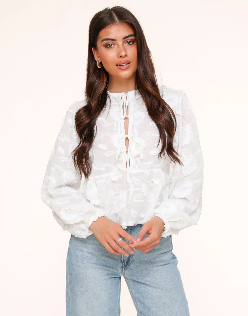 Olivia & Kate White Flowers Long Sleeves Bow Ties-Blouse Discount