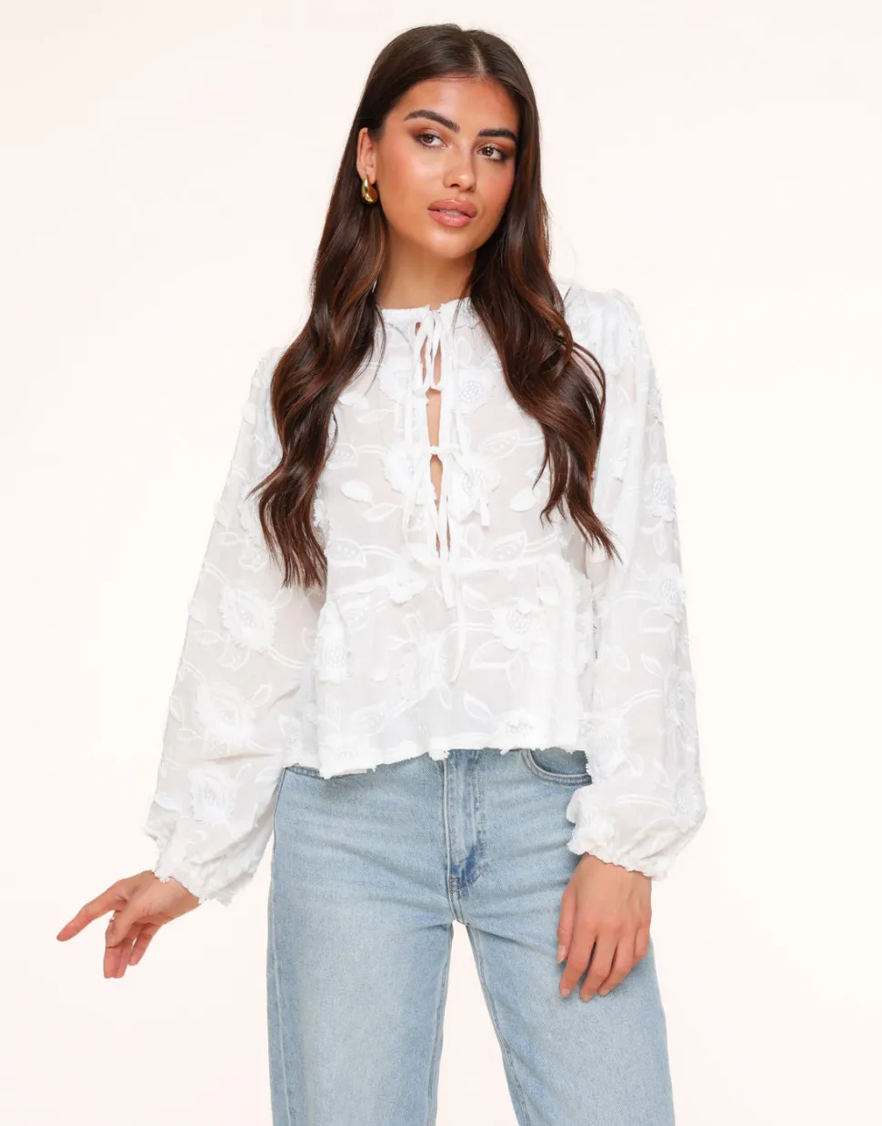 Olivia & Kate White Flowers Long Sleeves Bow Ties-Blouse Discount