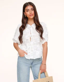 Olivia & Kate White Flowers Short Puff Sleeves Bow Ties-Blouse Hot