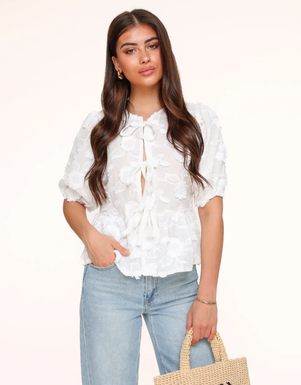 Olivia & Kate White Flowers Short Puff Sleeves Bow Ties-Blouse Hot