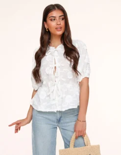 Olivia & Kate White Flowers Short Puff Sleeves Bow Ties-Blouse Hot