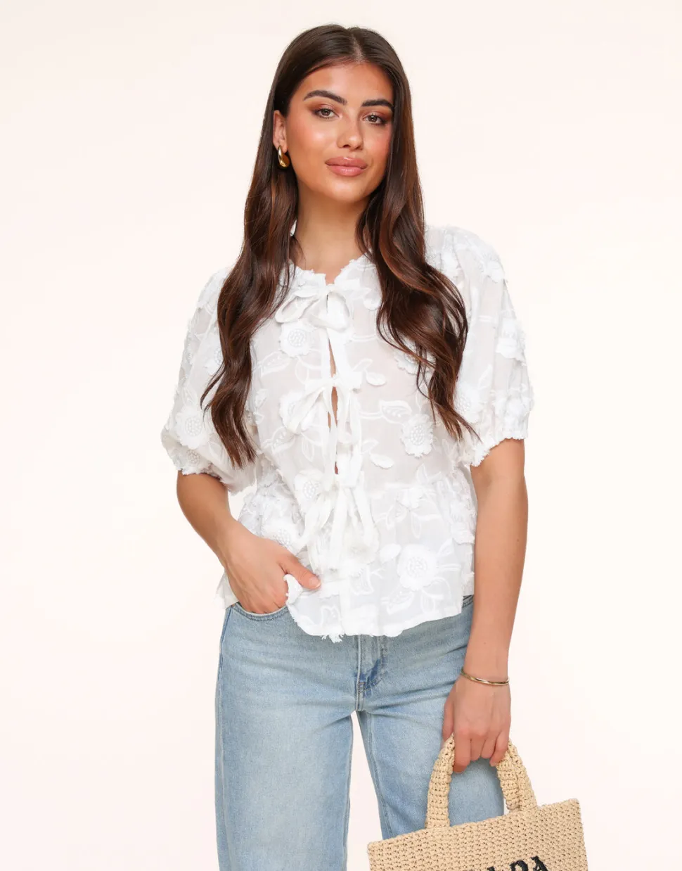 Olivia & Kate White Flowers Short Puff Sleeves Bow Ties-Blouse Hot