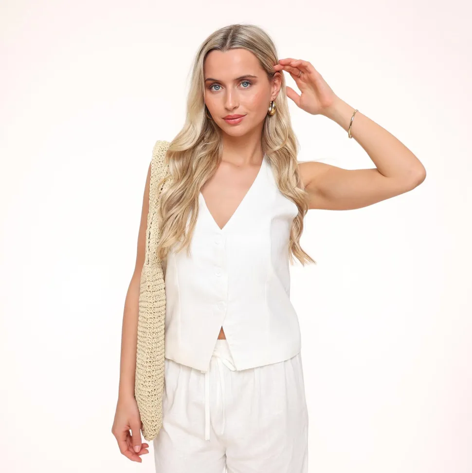 Olivia & Kate White Low V-Neck Linen-Gilet Fashion