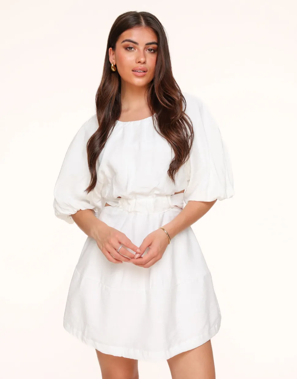 Olivia & Kate White Short Puff Sleeves Tie Back-Dress Hot