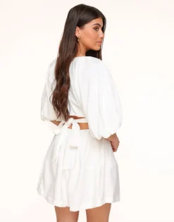 Olivia & Kate White Short Puff Sleeves Tie Back-Dress Hot