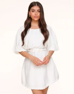 Olivia & Kate White Short Puff Sleeves Tie Back-Dress Hot