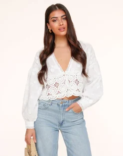 Olivia & Kate White V-Neck Details-Blouse Best Sale
