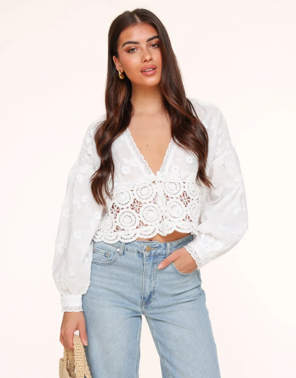 Olivia & Kate White V-Neck Details-Blouse Best Sale