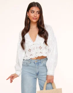Olivia & Kate White V-Neck Details-Blouse Best Sale