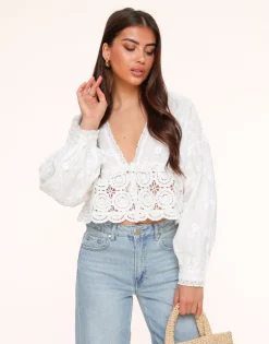 Olivia & Kate White V-Neck Details-Blouse Best Sale